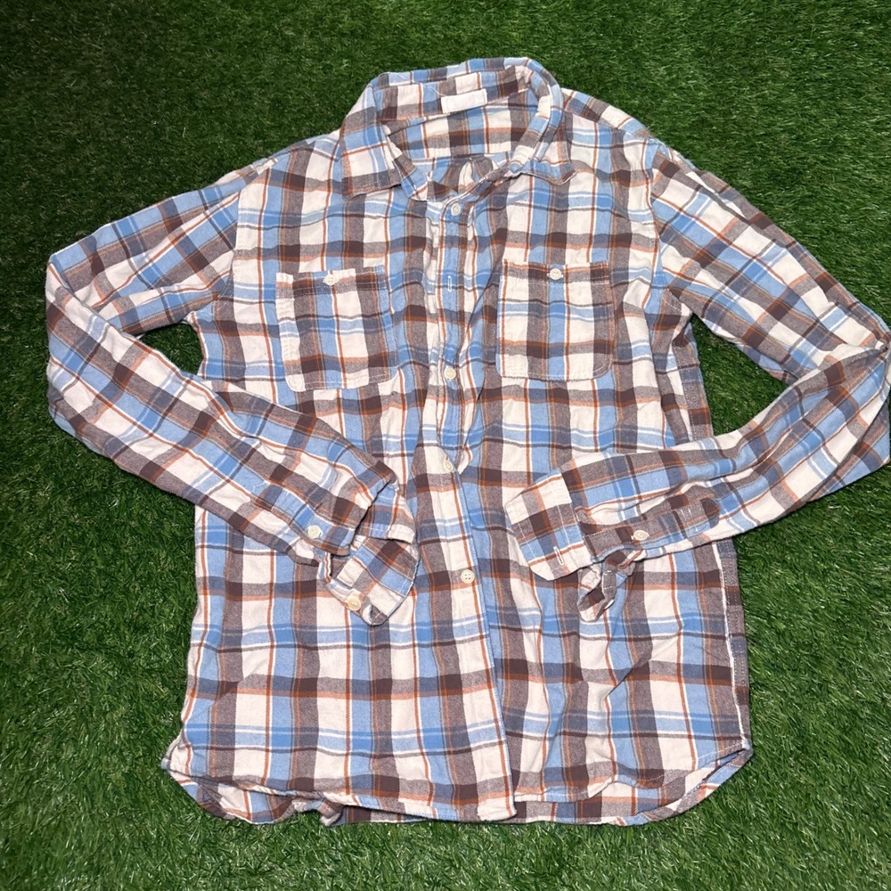 CP Shades Mens Large Plaid Flannel Button Down Shirt Blue Brown Cotton USA Made